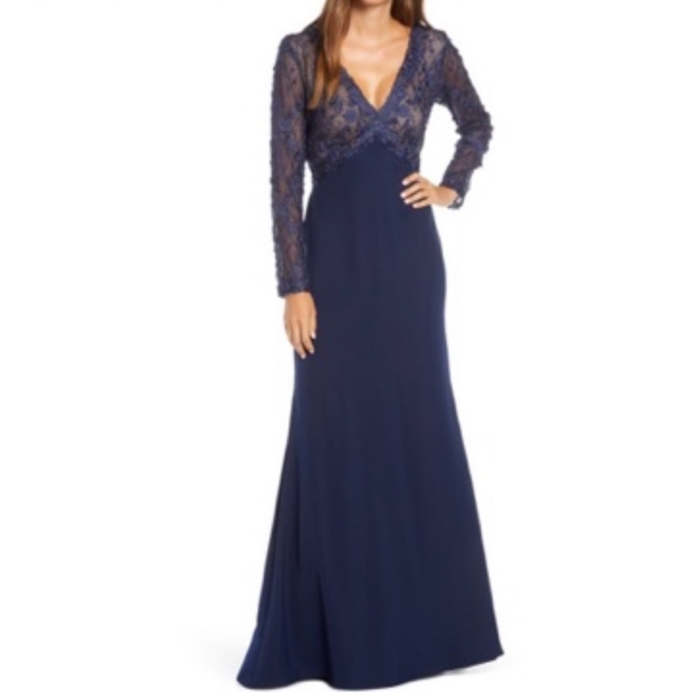 Tadashi Shoji mesh bodice long sleeve trumpet gown